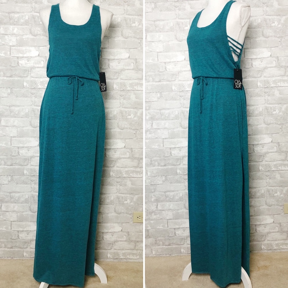 CHASER Teal Scoop Neck Sleeveless Maxi Dress with Tie Waist & Side Slits Medium